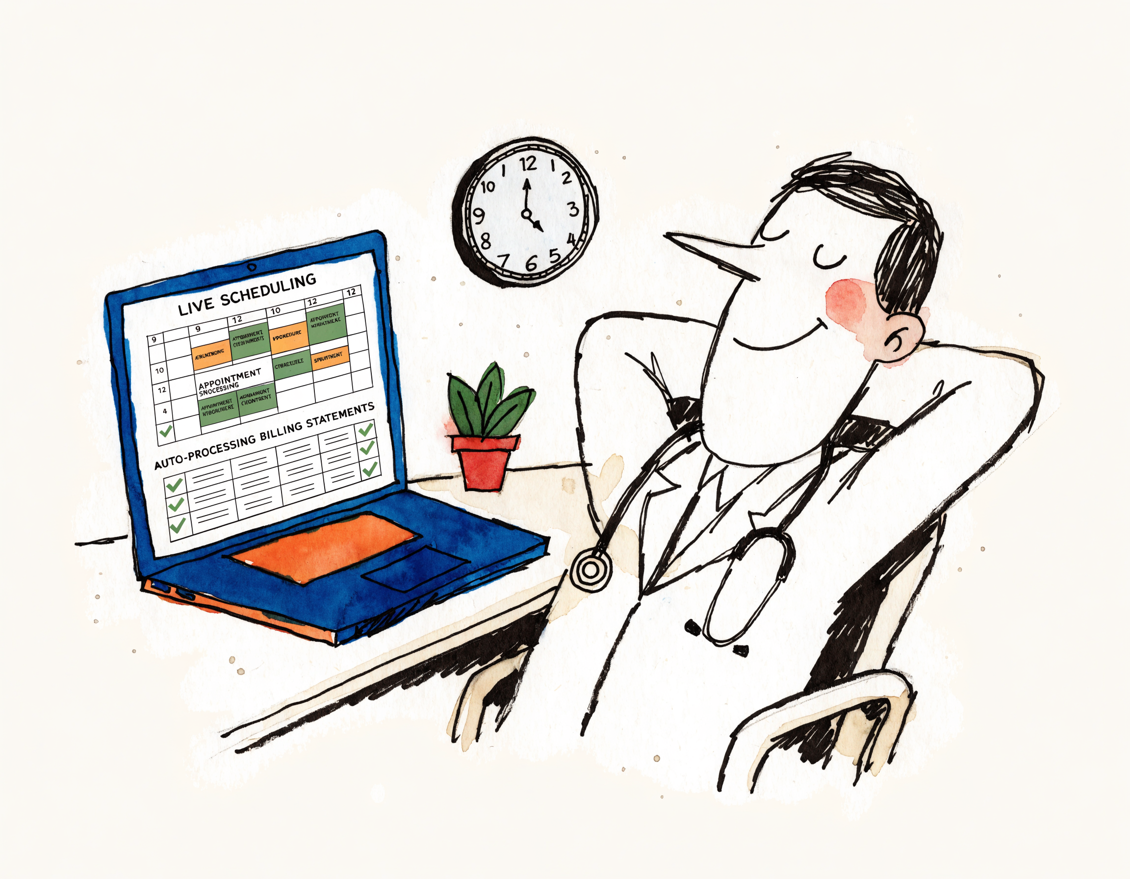 A relaxed doctor leaning back at their desk while their laptop handles live scheduling and auto-processes billing statements