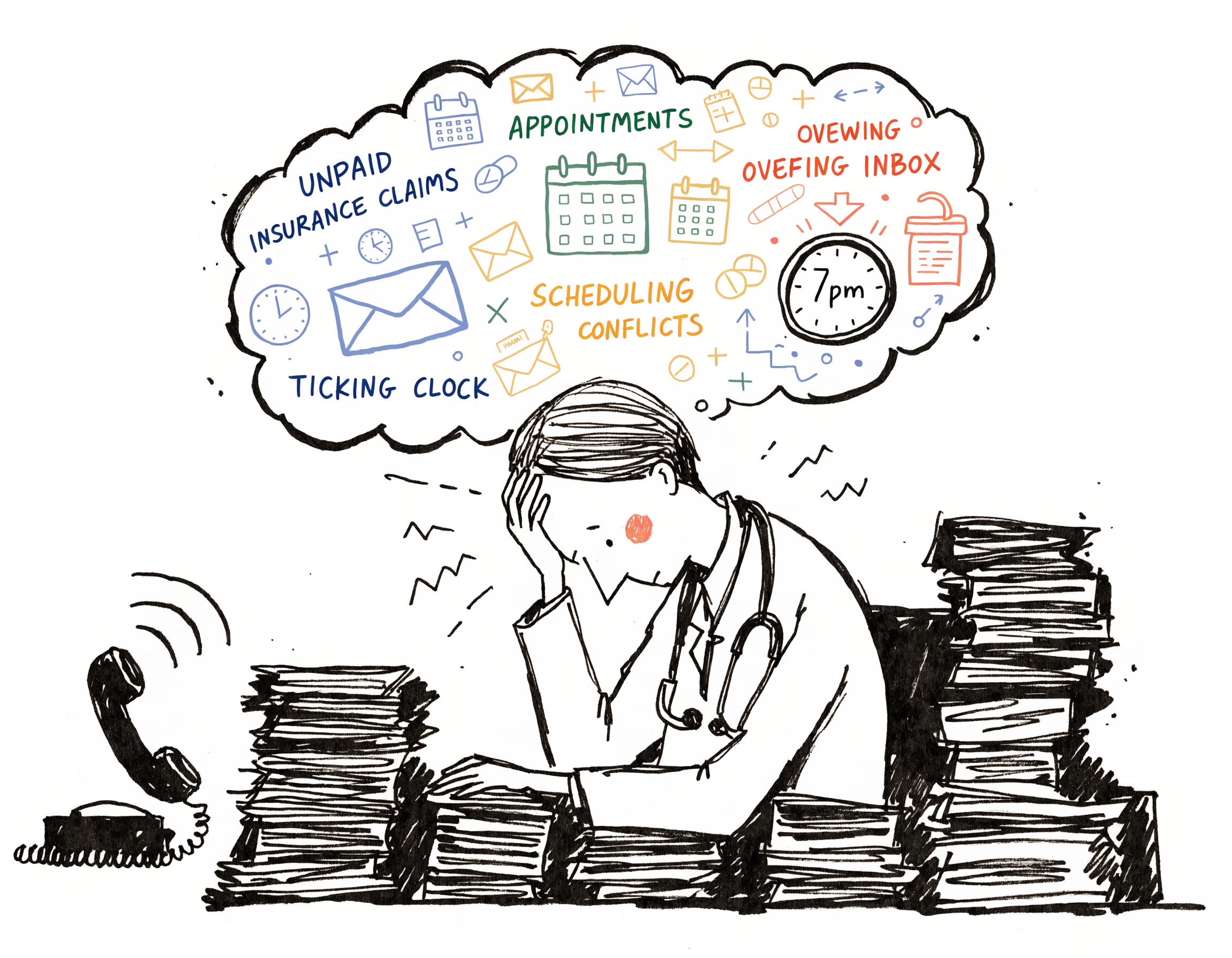 A doctor with head in hand at a desk buried in paperwork, thought bubble full of unpaid insurance claims, appointments, scheduling conflicts, and an overflowing inbox