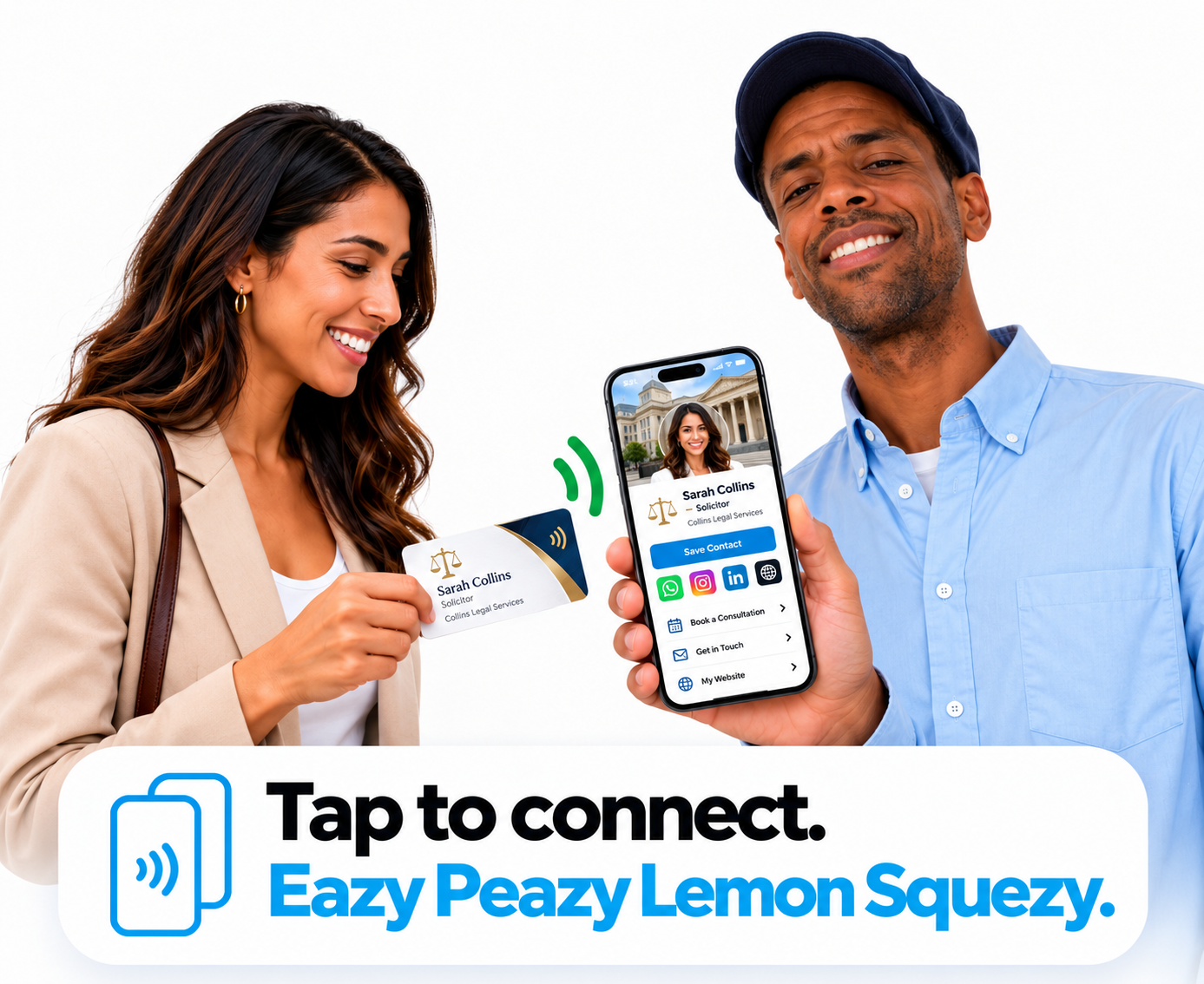 People sharing contact details with a Paperless Society smart card