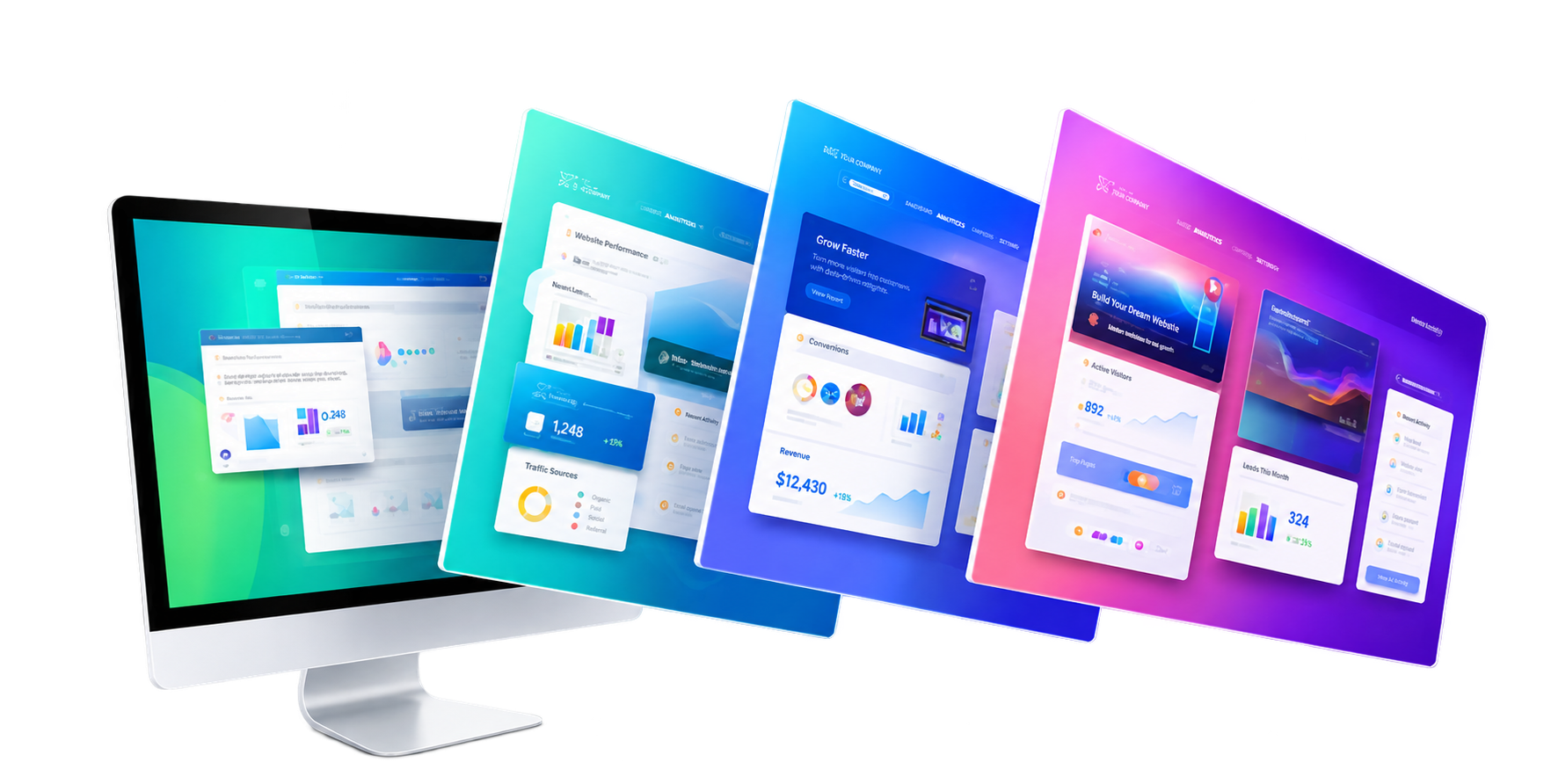 Website design displayed across digital screens