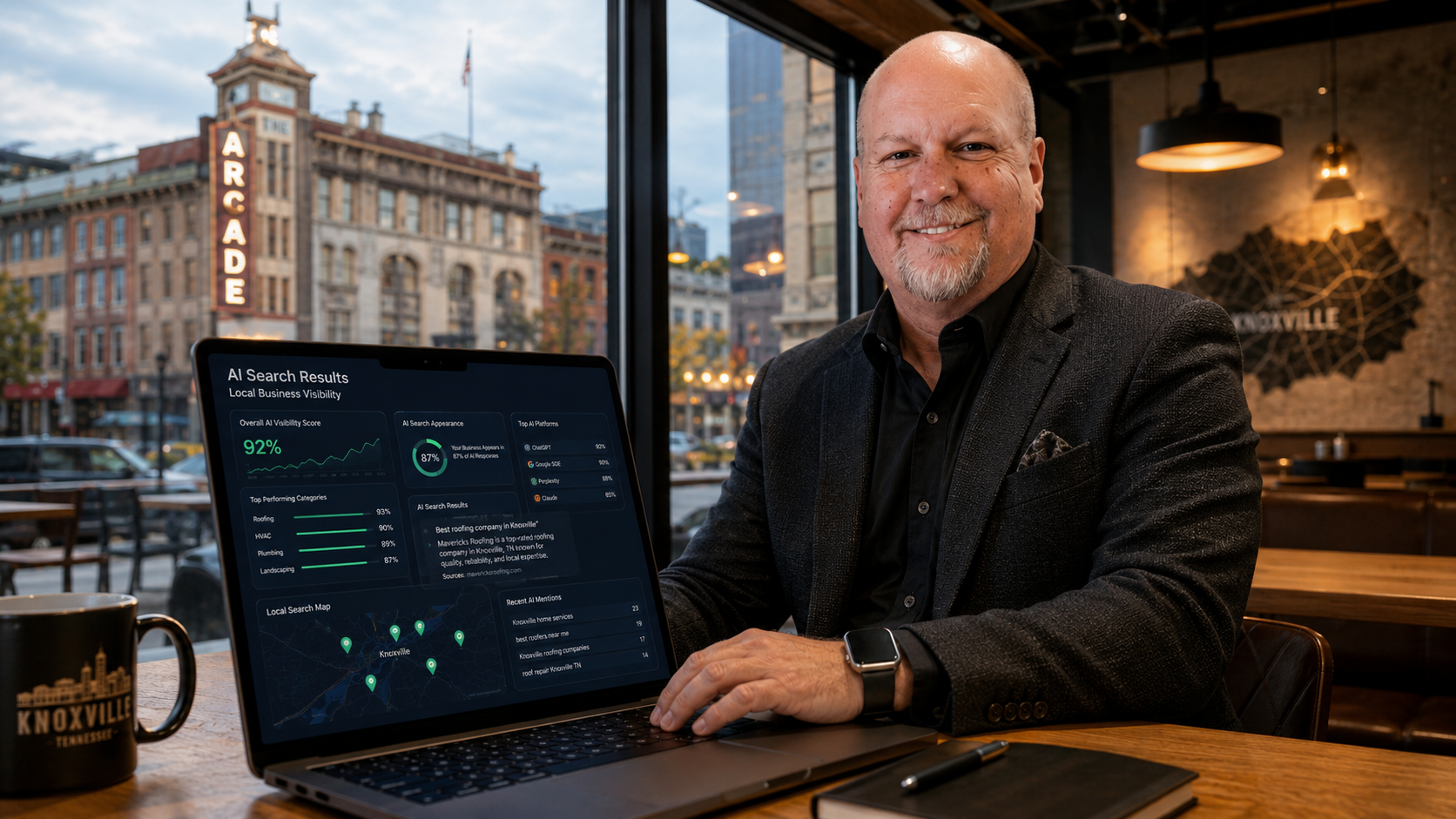Local AI search optimization expert in Knoxville reviewing AI-driven business search results on a laptop in downtown Knoxville. Local AI search optimization expert in Knoxville reviewing AI-driven business search results on a laptop in downtown Knoxville.