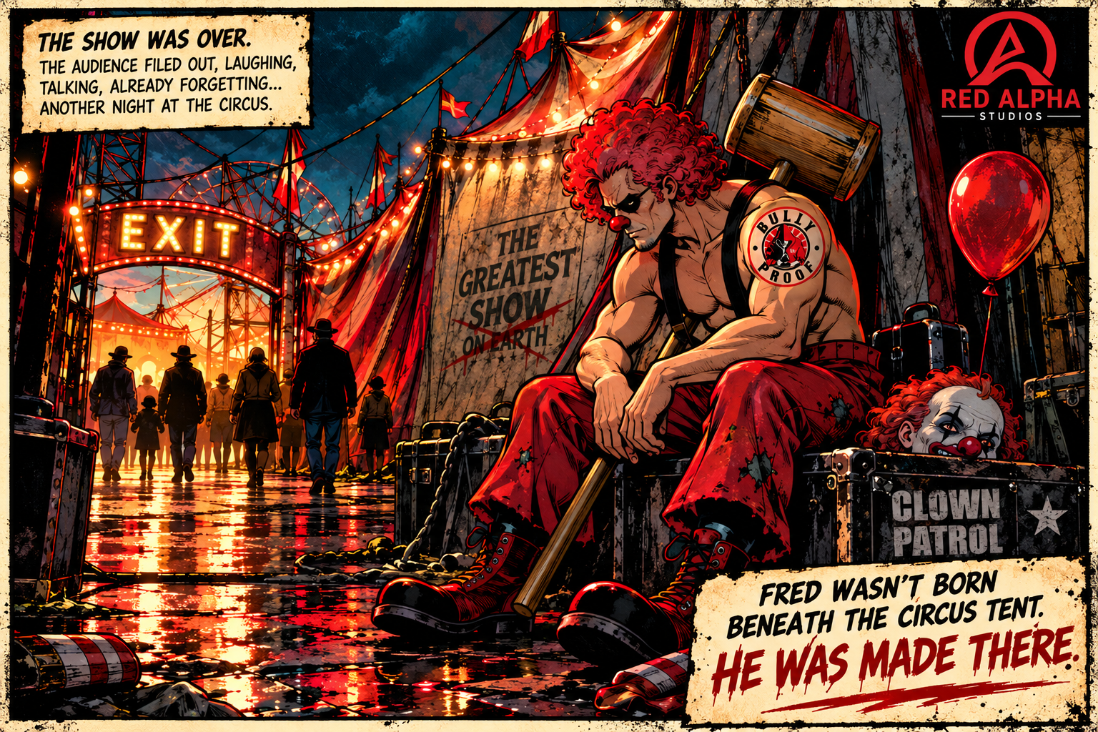 The Story of Fred the Clown — the circus closes for the night while Fred remains behind.
