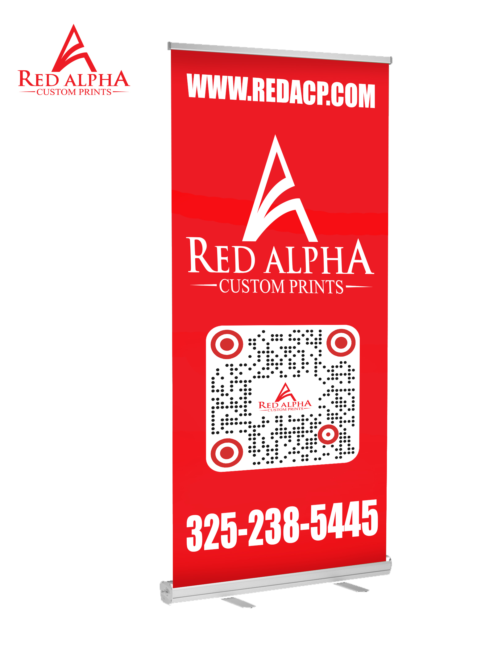 Red Alpha Custom Prints retractable banner with stand