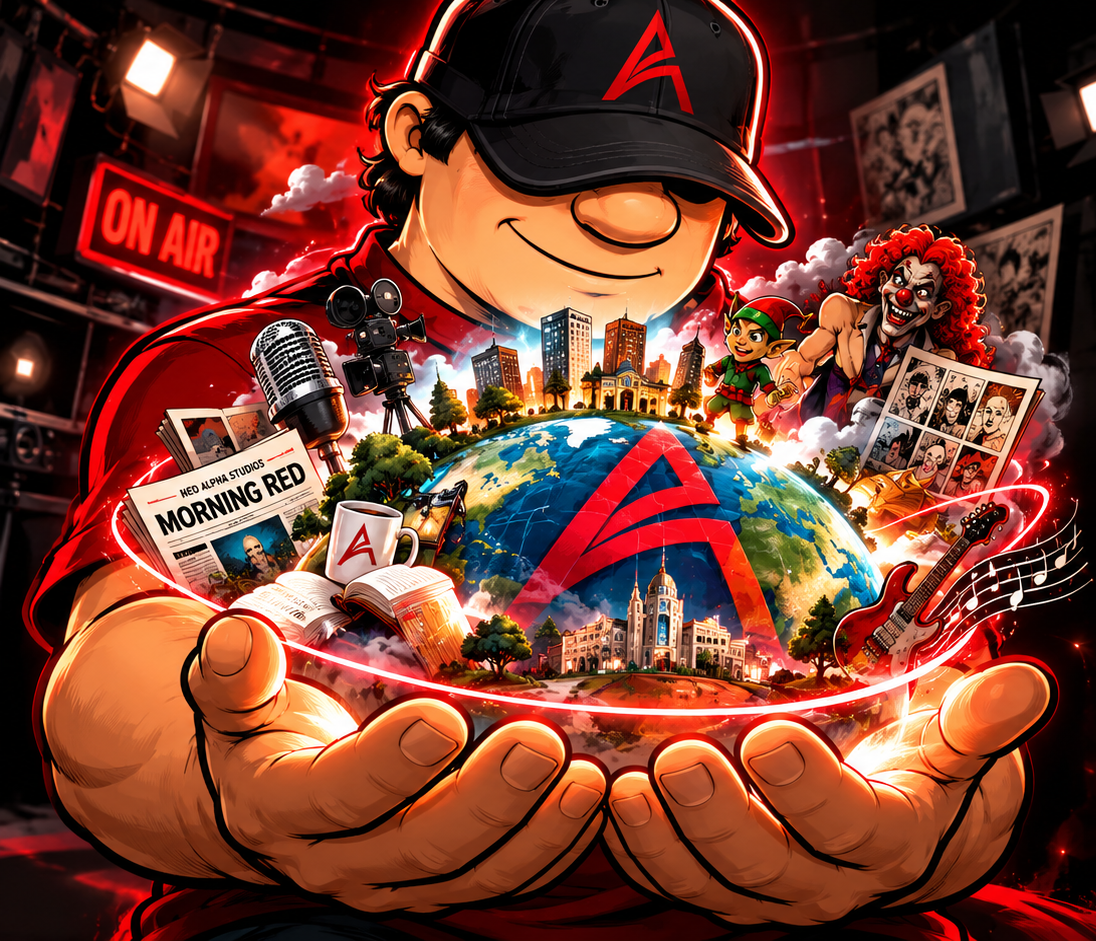 The Rubester holding a creative world in his hands — Red Alpha Studios original artwork