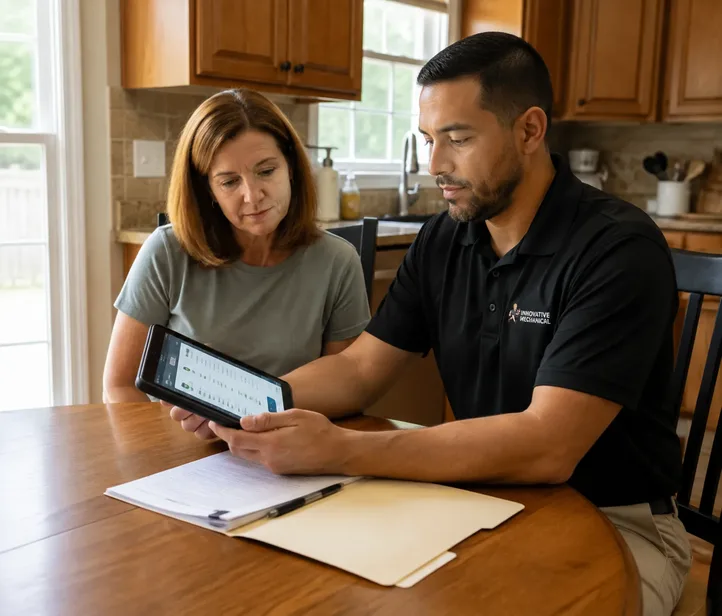 Innovative Mechanical technician reviewing options with a homeowner