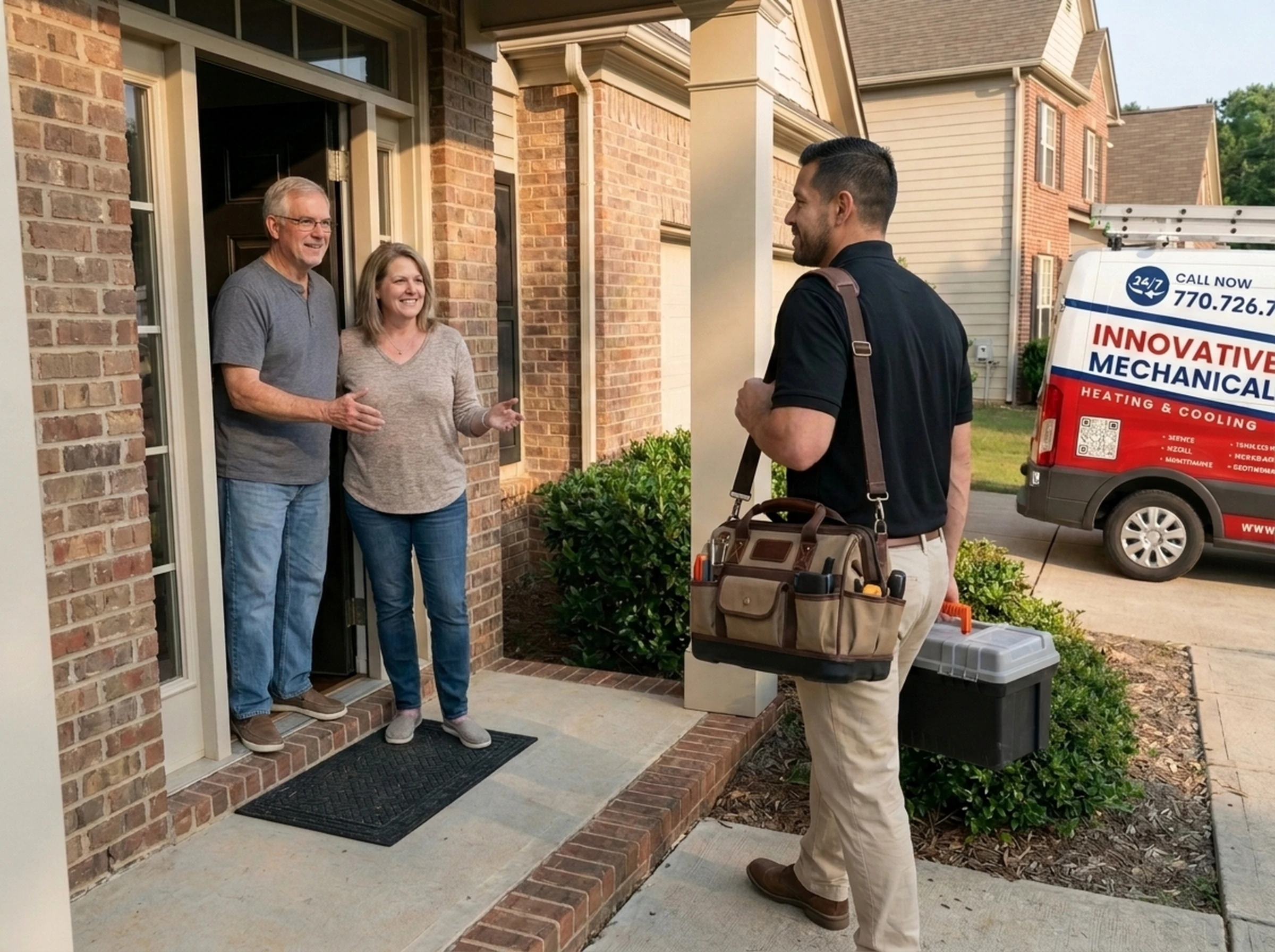 Innovative Mechanical technician greeting homeowners at their front door