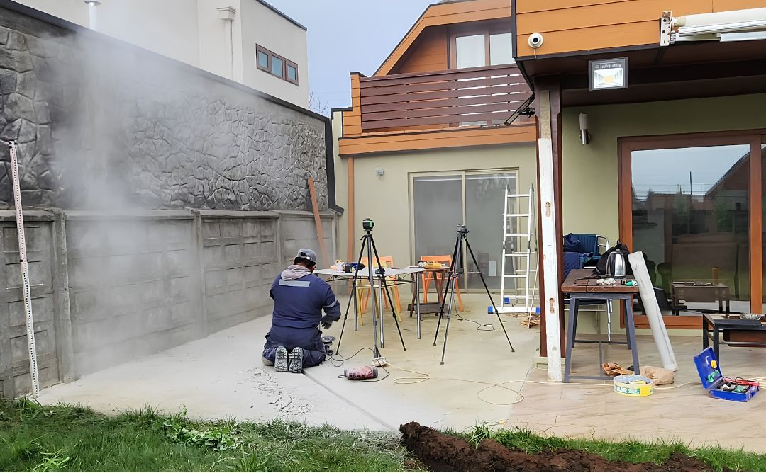 Antes: obra en el radier del patio, con equipo trabajando junto al muro