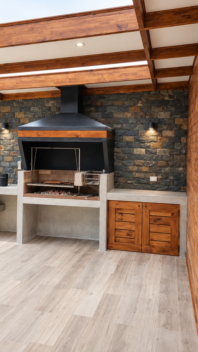 Quincho con parrilla, campana negra con franja de madera, muro de piedra y muebles de madera bajo vigas a la vista