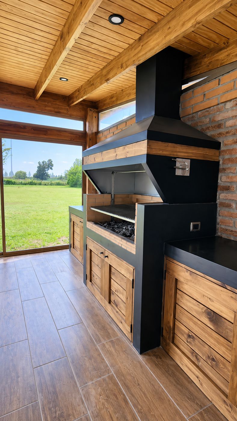 Quincho con techo de madera, parrilla con campana negra, muro de ladrillo y ventanal hacia el campo