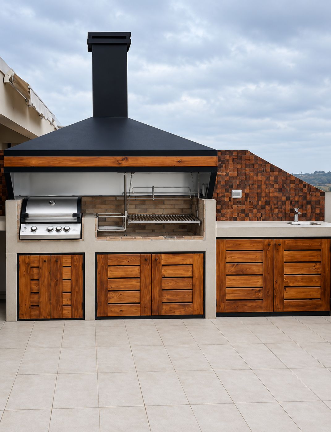 Quincho en terraza con parrilla a carbón, parrilla a gas, lavaplatos y muebles de madera