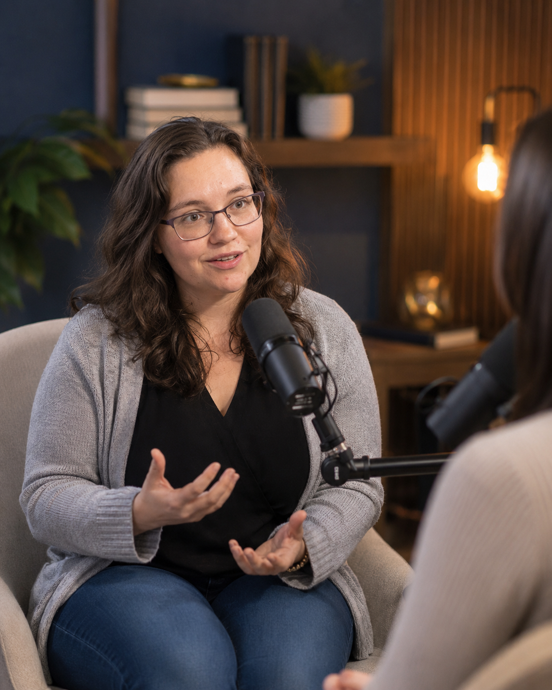 Ellie recording The Vanishing Mamma podcast