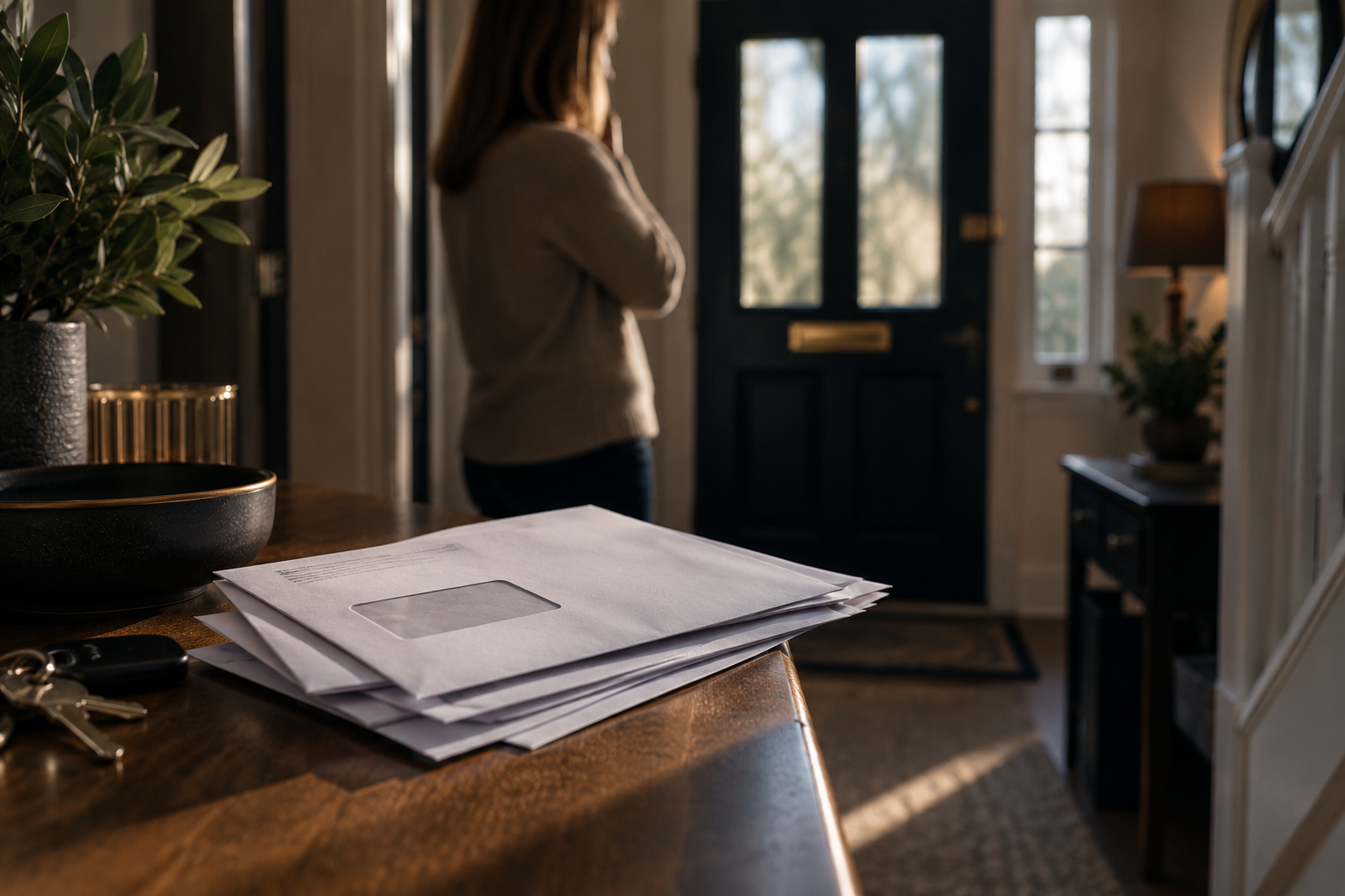 Household correspondence on a table near the front door