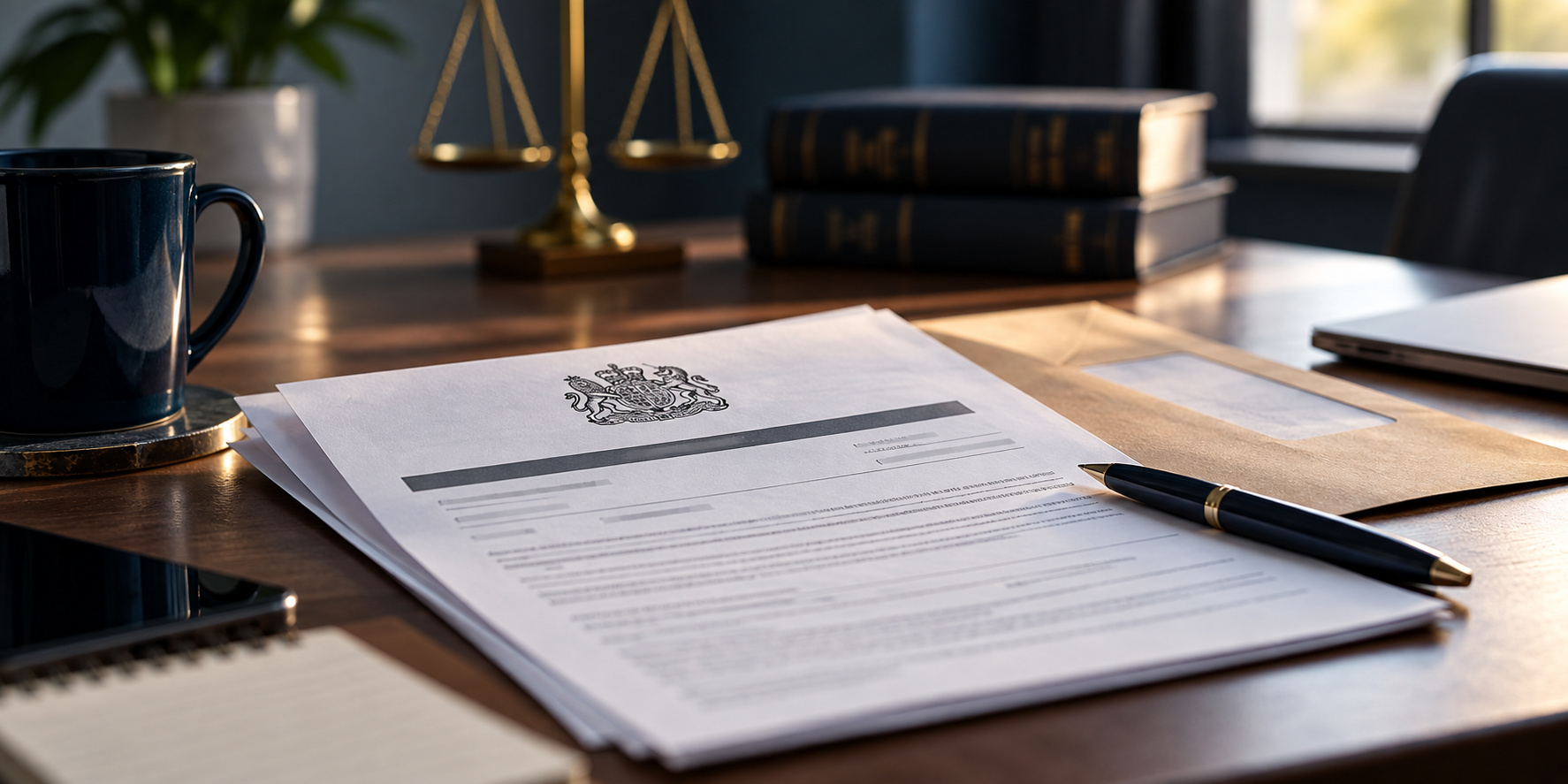 Court claim documents and legal correspondence on a desk