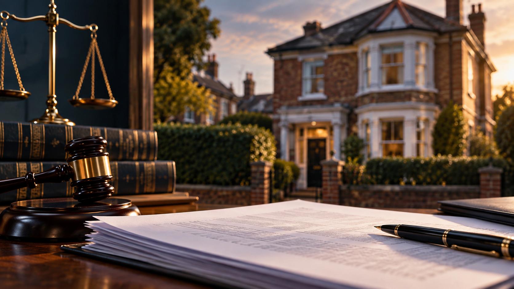 Legal documents and court imagery beside a residential property