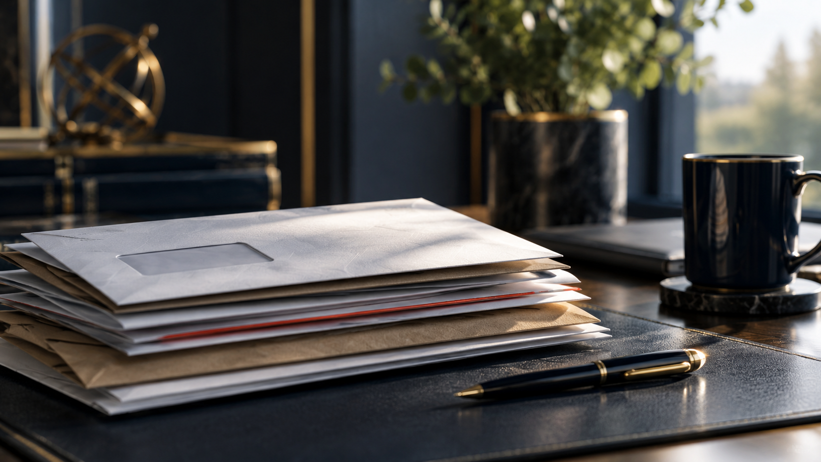 A collection of letters and correspondence on a professional desk