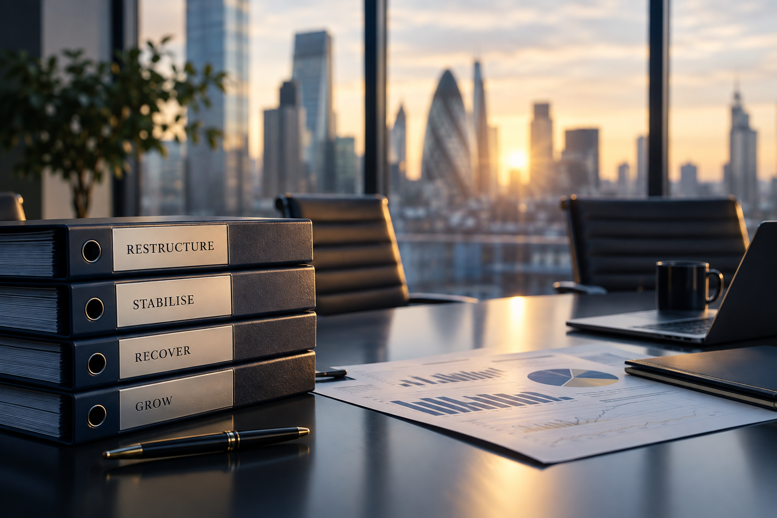 Corporate boardroom representing company restructuring and recovery