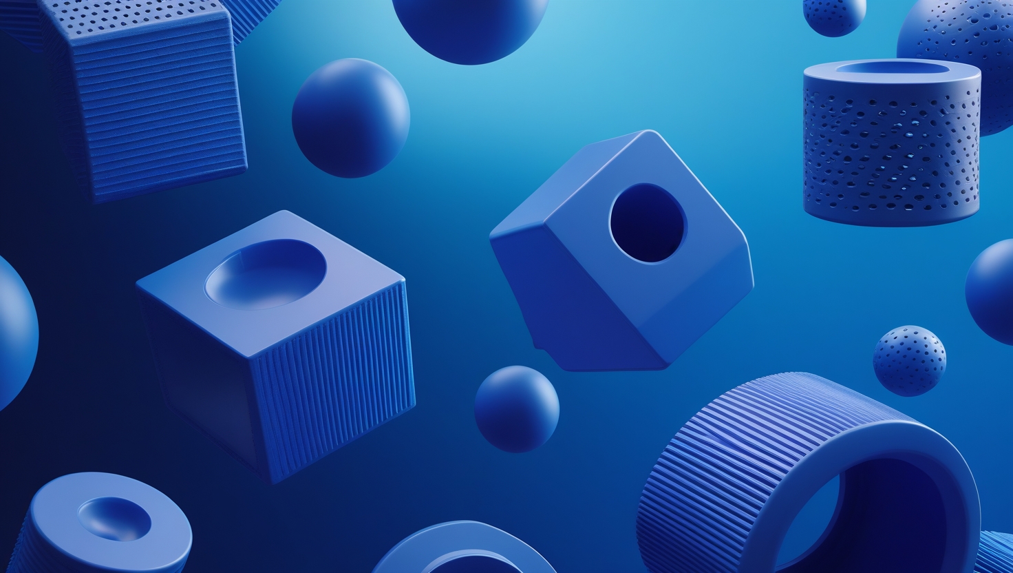 Formes 3D bleues modulaires — métaphore d’un employé IA personnalisable