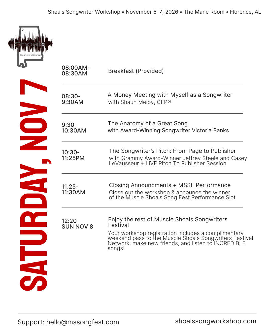 Shoals Songwriter Workshop Saturday November 7, 2026 schedule