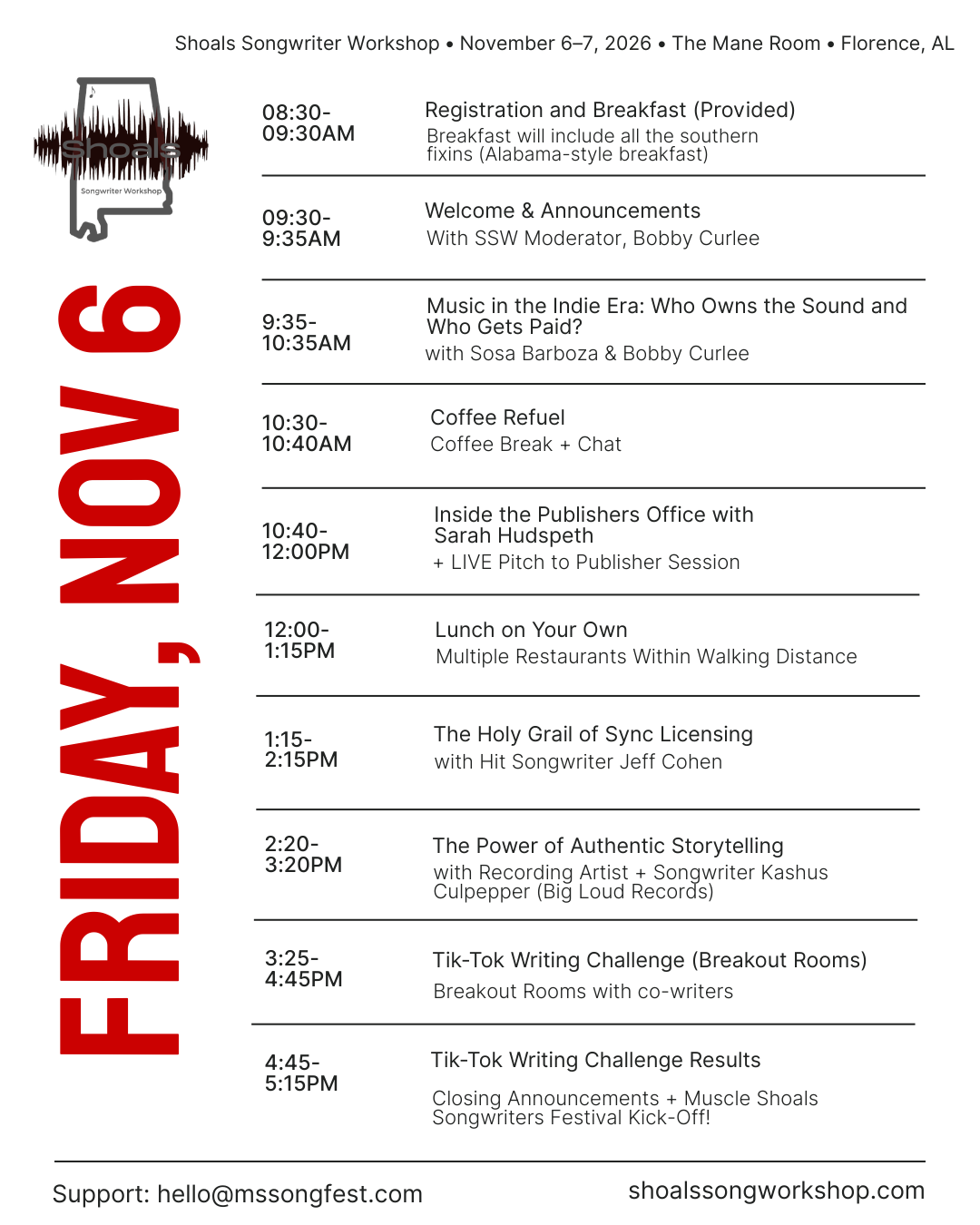 Shoals Songwriter Workshop Friday November 6, 2026 schedule