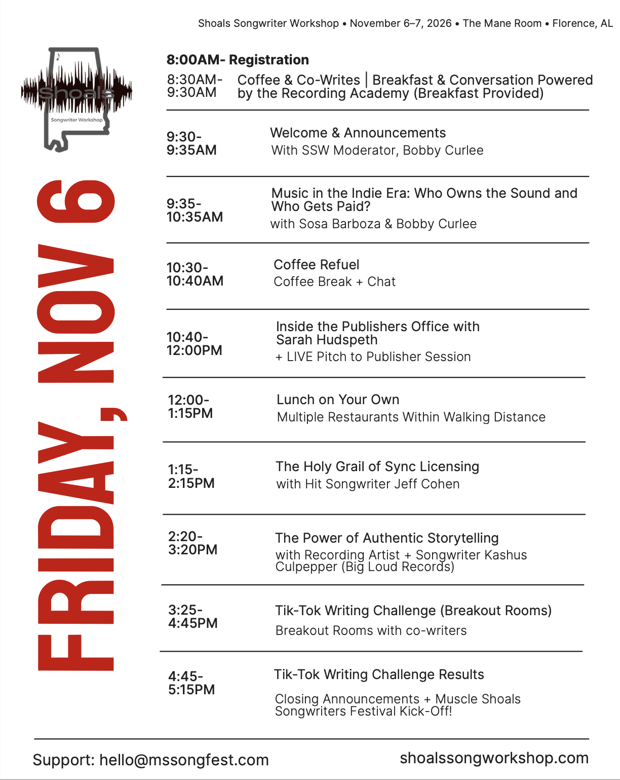 Shoals Songwriter Workshop Friday November 6, 2026 schedule