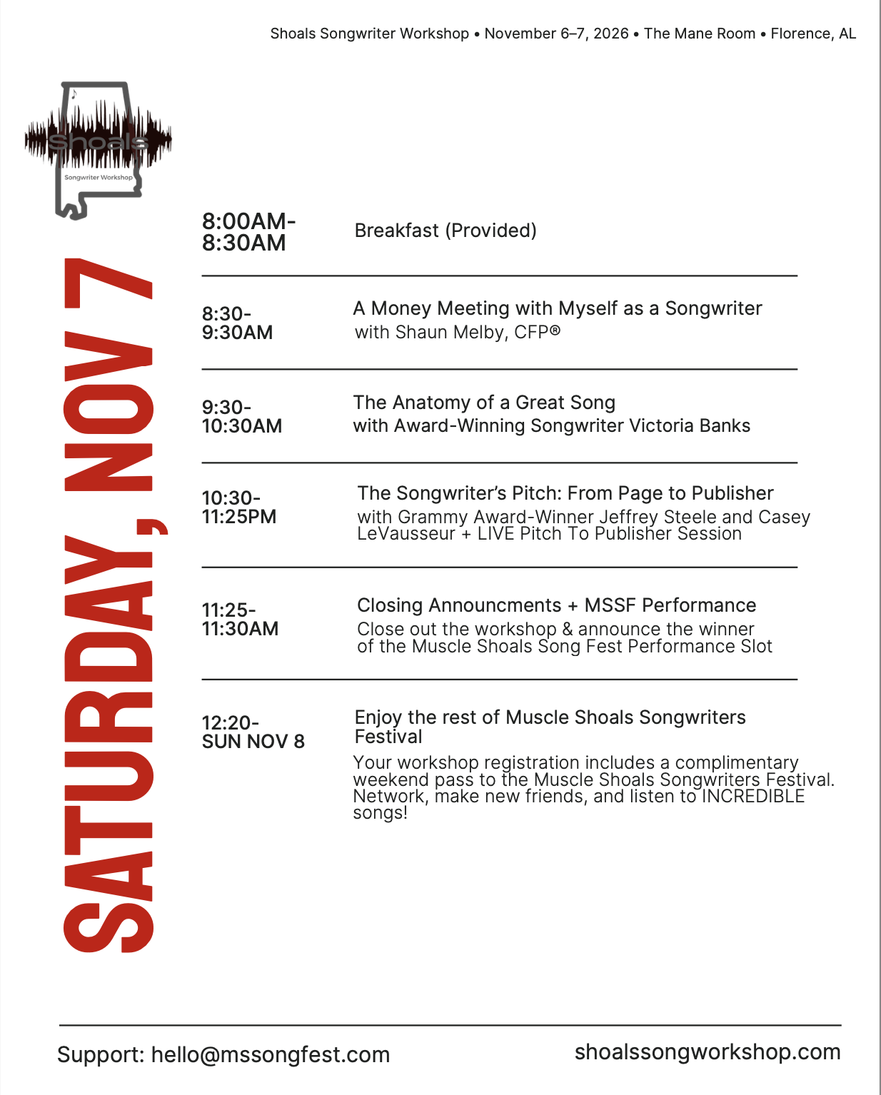 Shoals Songwriter Workshop Saturday November 7, 2026 schedule