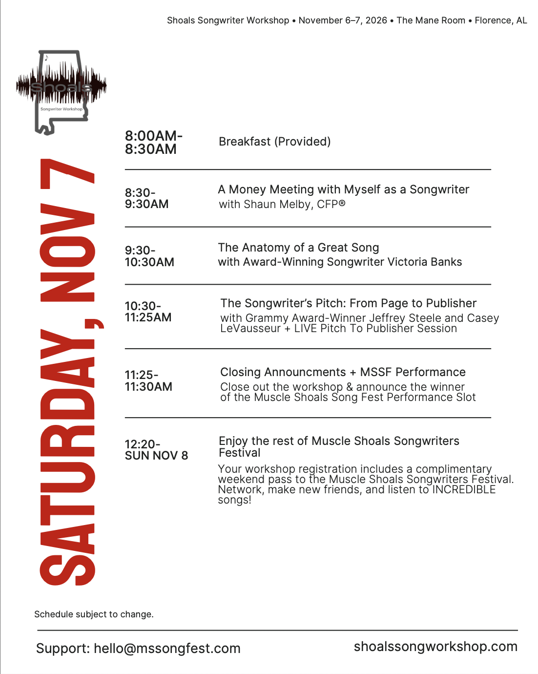 Shoals Songwriter Workshop Saturday November 7, 2026 schedule