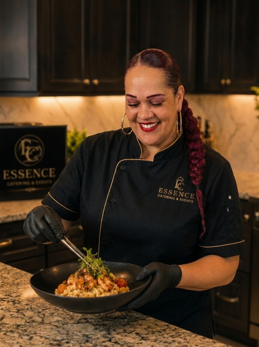 Yvonne preparing catering dishes for Essence Catering and Events