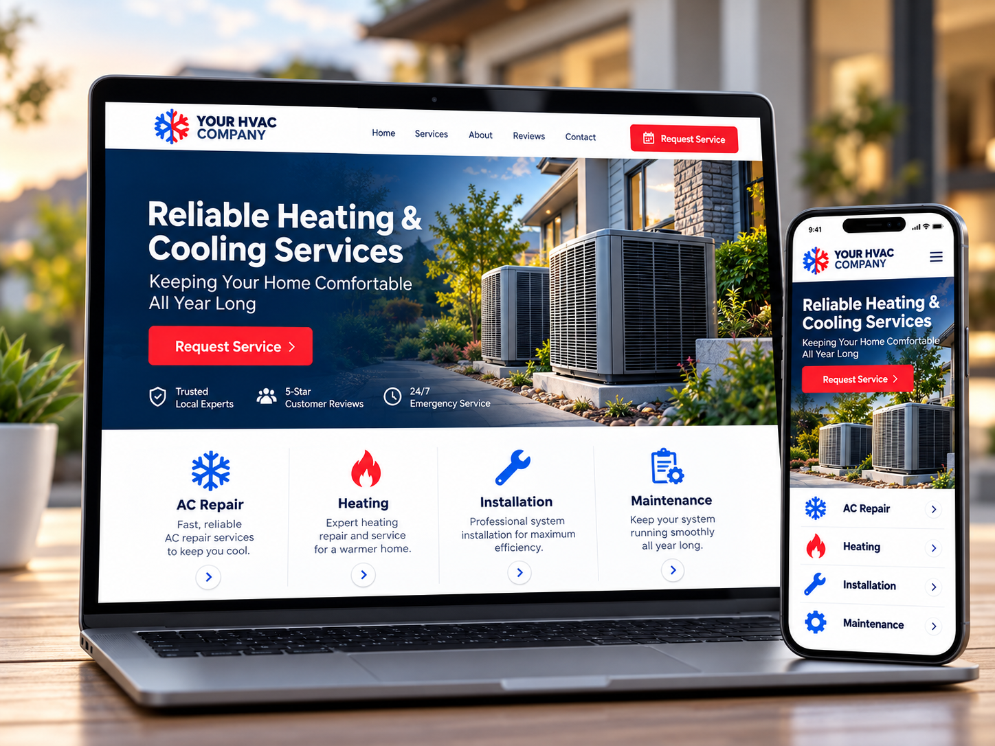 A modern HVAC company website shown on a phone and computer