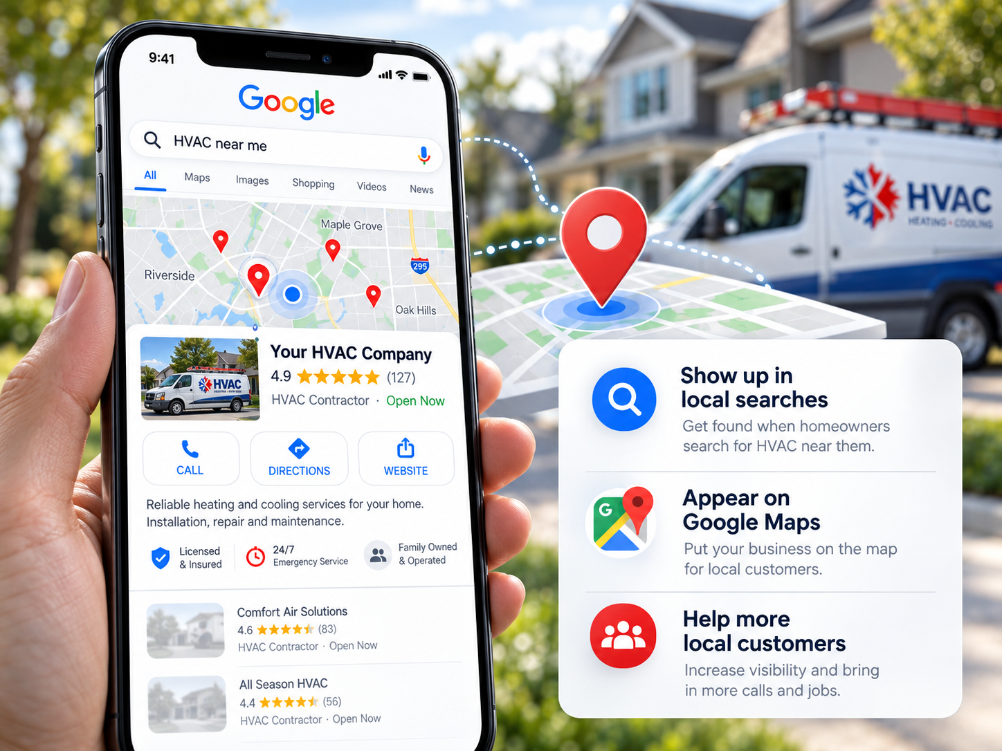 A local Google search showing an HVAC company in the results and on the map