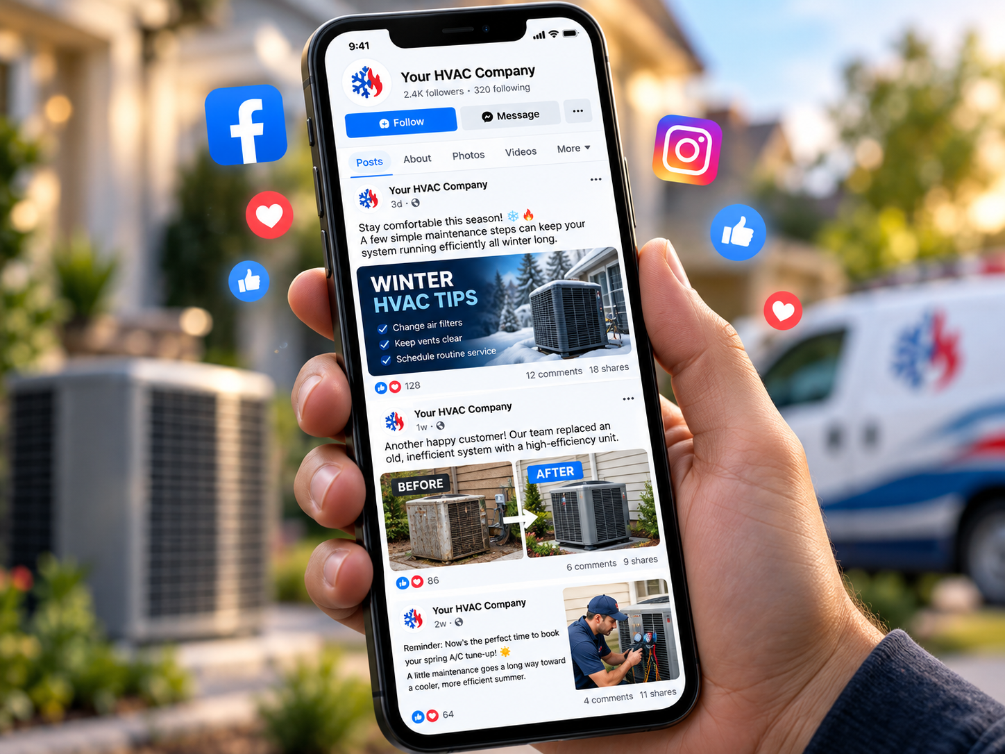 Customer review stars and positive feedback for an HVAC company
