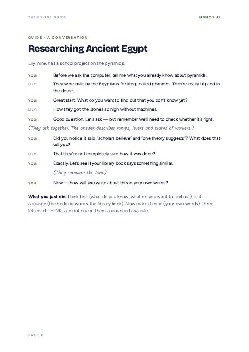 A page from the By-Age Guide showing a parent and a nine-year-old researching the pyramids together
