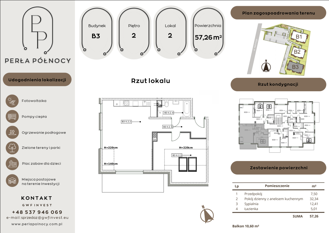 Przykładowy rzut mieszkania 2-pokojowego 57,26 m²