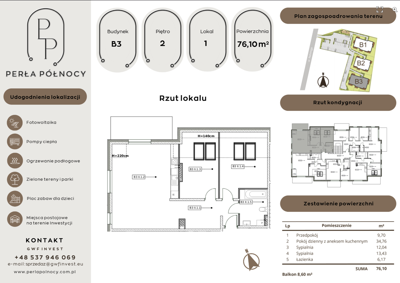 Przykładowy rzut mieszkania 3-pokojowego 76,10 m²