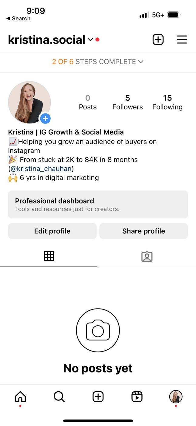 kristina.social on day zero: 0 posts, 5 followers