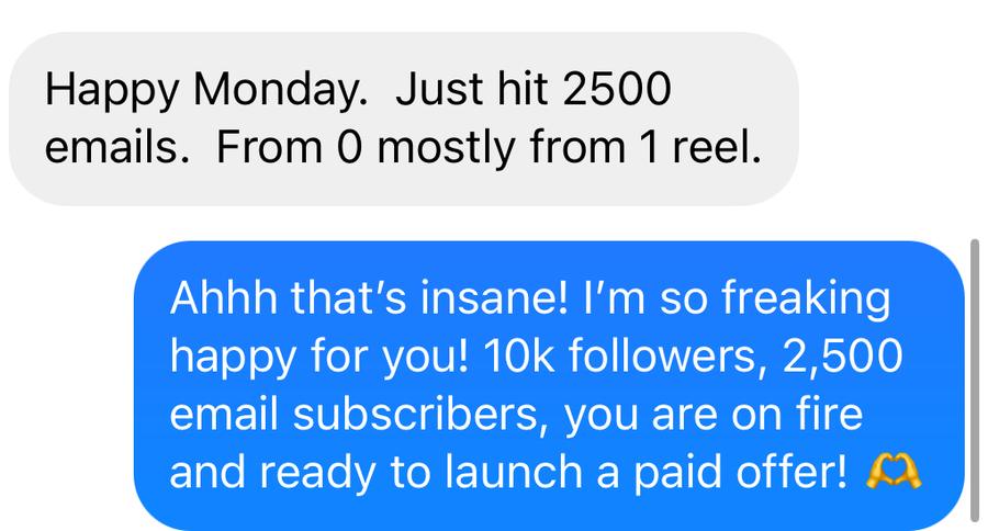 Message: just hit 2,500 emails, from 0, mostly from one reel
