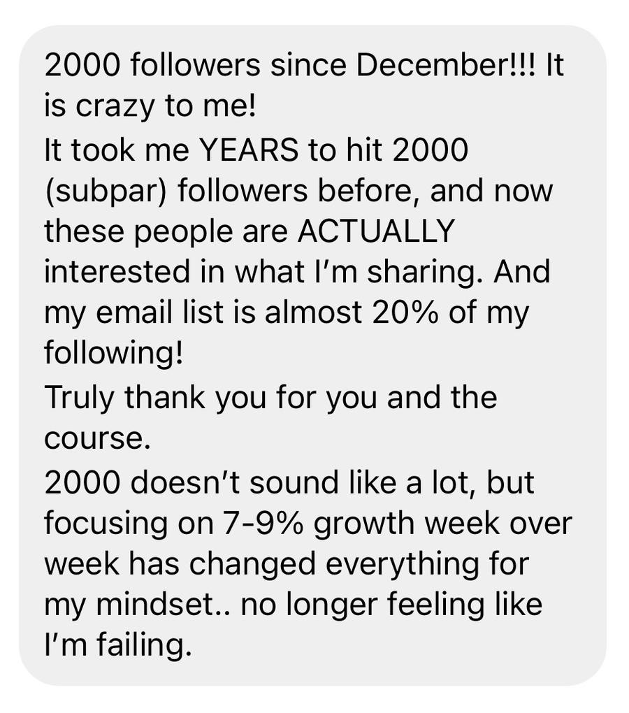 Message: 2,000 followers since December — it took me years to hit 2,000 before, and now these people are actually interested in what I'm sharing