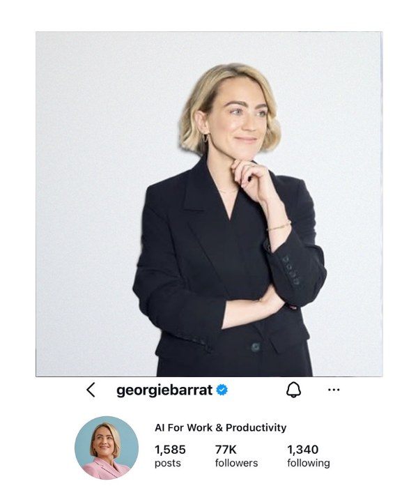 Georgie's Instagram profile, @georgiebarrat, verified, AI For Work & Productivity, 1,585 posts, 77K followers