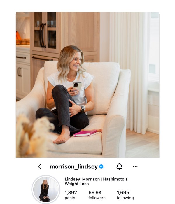 Lindsey's Instagram profile, @morrison_lindsey, verified, Hashimoto's weight loss, 1,892 posts, 69.9K followers