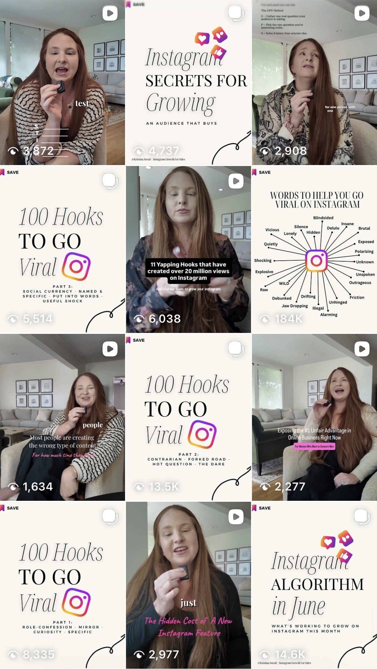 Instagram Reels grid showing 30 days of intentional posts with view counts