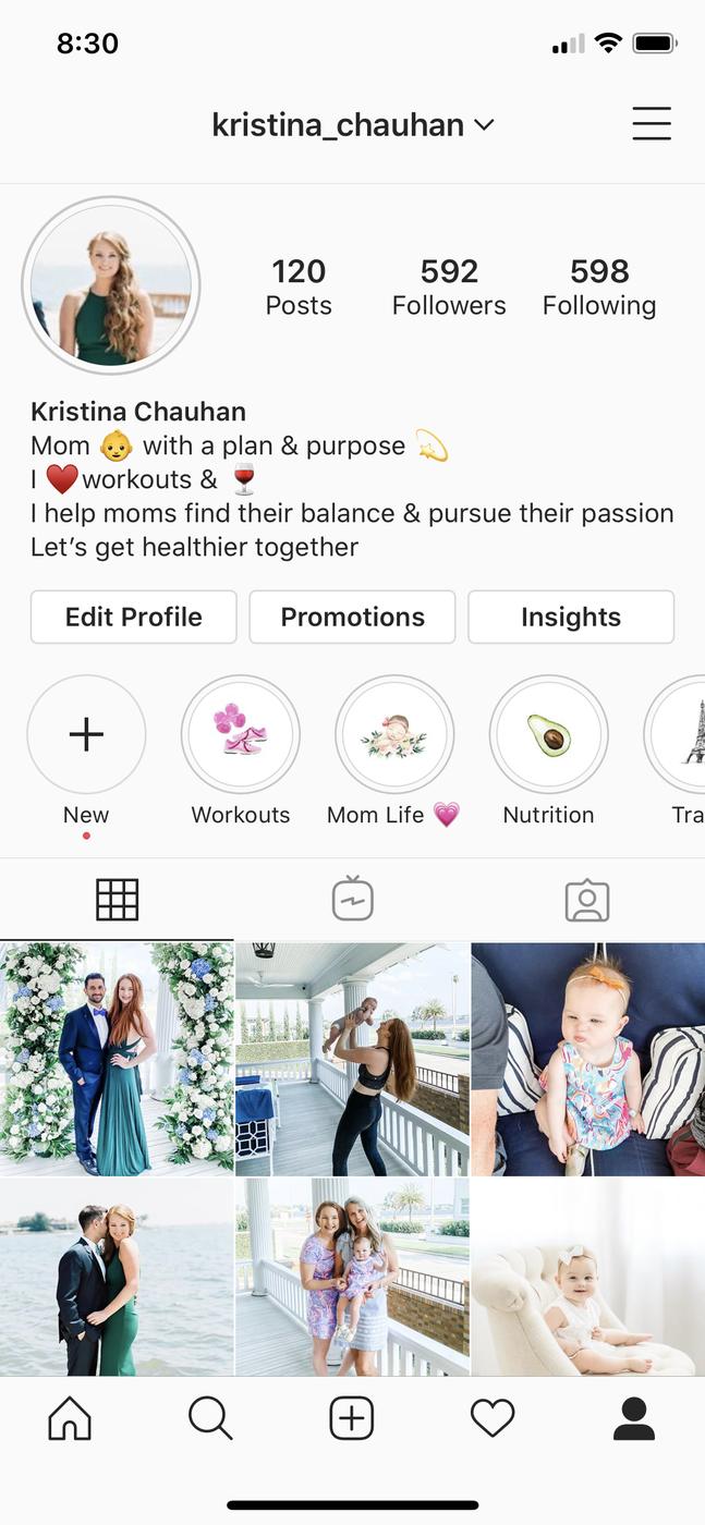 Kristina's original Instagram profile in 2020: 120 posts, 592 followers, bio reads Mom with a plan and purpose