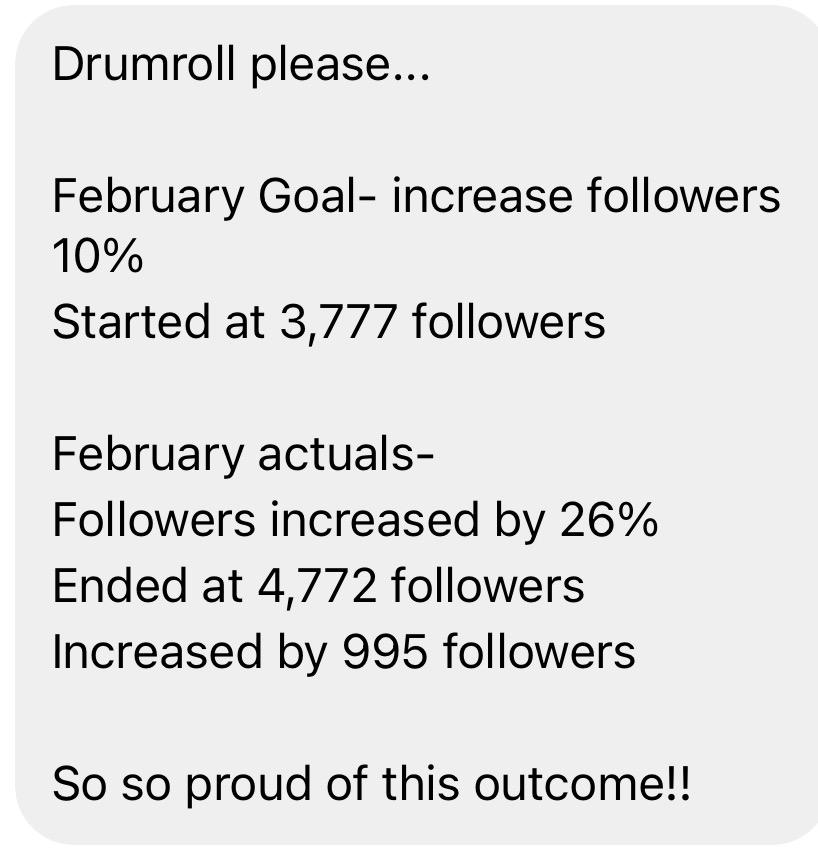 Direct message: February goal recap, set a 10% target, grew from 3,777 to 4,772 followers, up 26%