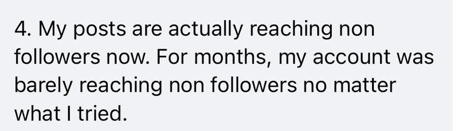 Message: my posts are actually reaching non-followers now — for months my account was barely reaching non-followers no matter what I tried