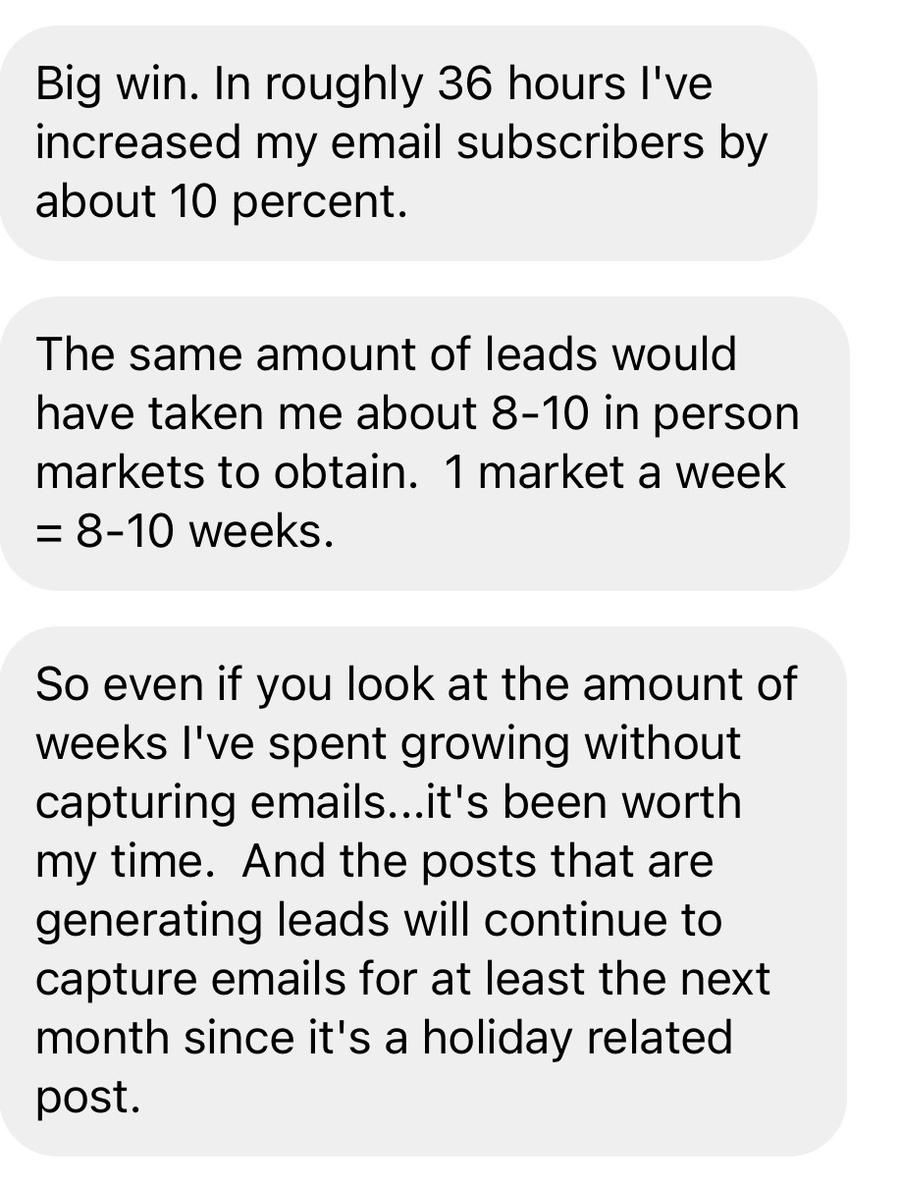 Message: email list up 10 percent in 36 hours, the same leads would have taken 8 to 10 in-person markets