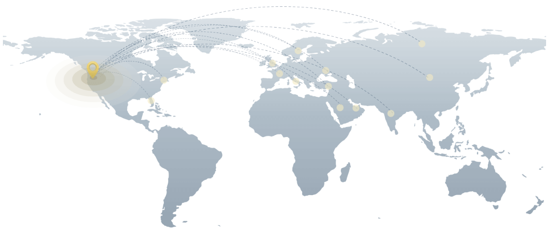 World map showing patients traveling to Khosroabadi Institute in Los Angeles