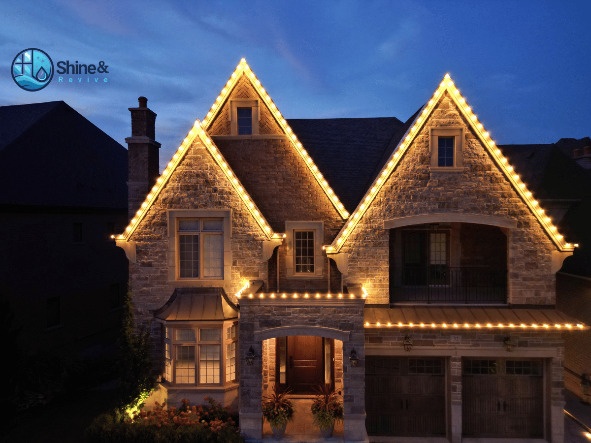 Precision-lit eaves at dusk