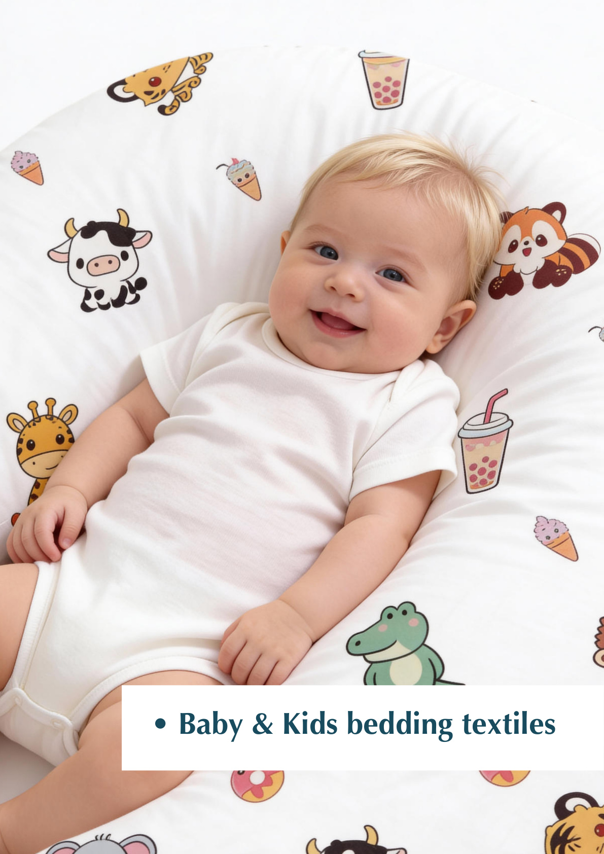 Baby & Kids Bedding ‚Äî Baby on printed nursing pillow with animal patterns