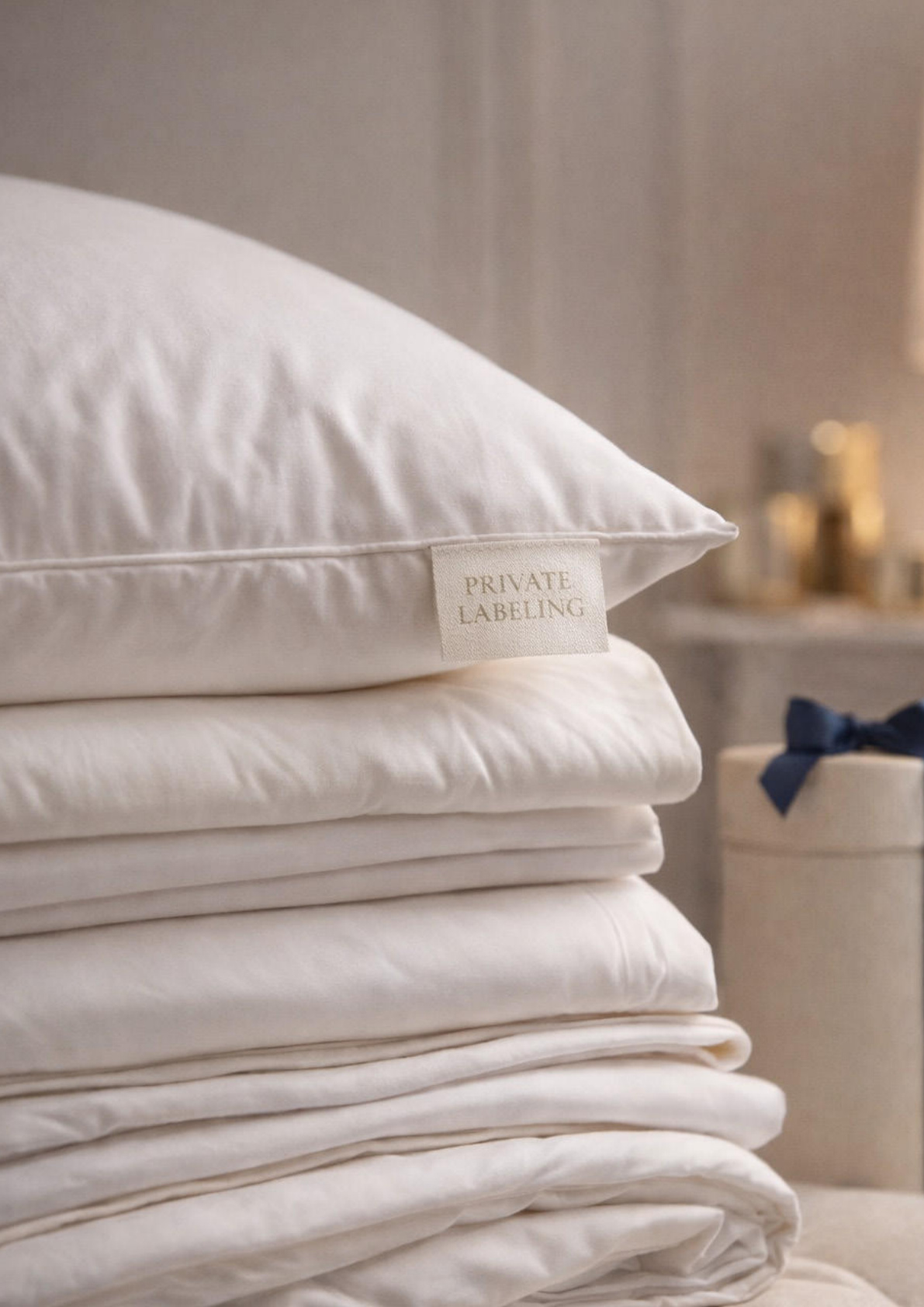 Custom Private Label ‚Äî Stacked white textiles with PRIVATE LABELING woven tag