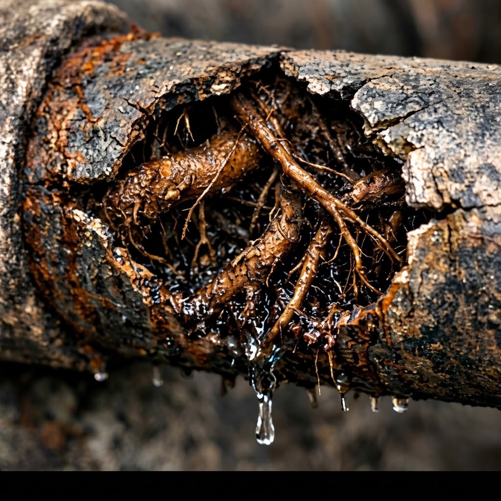 Root intrusion in sewer pipe