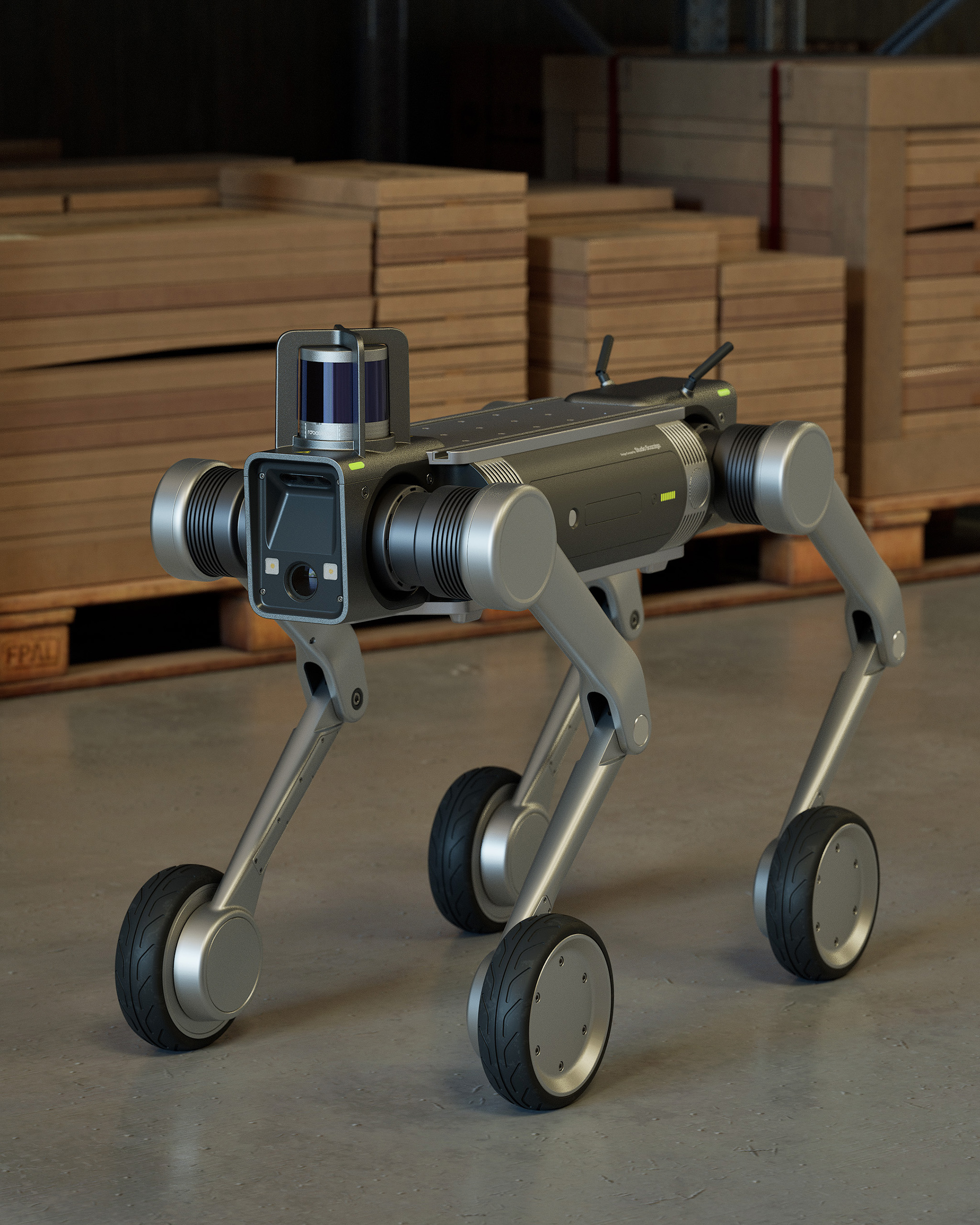 Perro robot con ruedas en fábrica