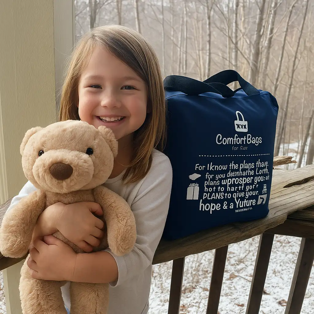 A young girl smiling and holding a teddy bear beside a Comfort Bags for Kids donation bag on a porch.